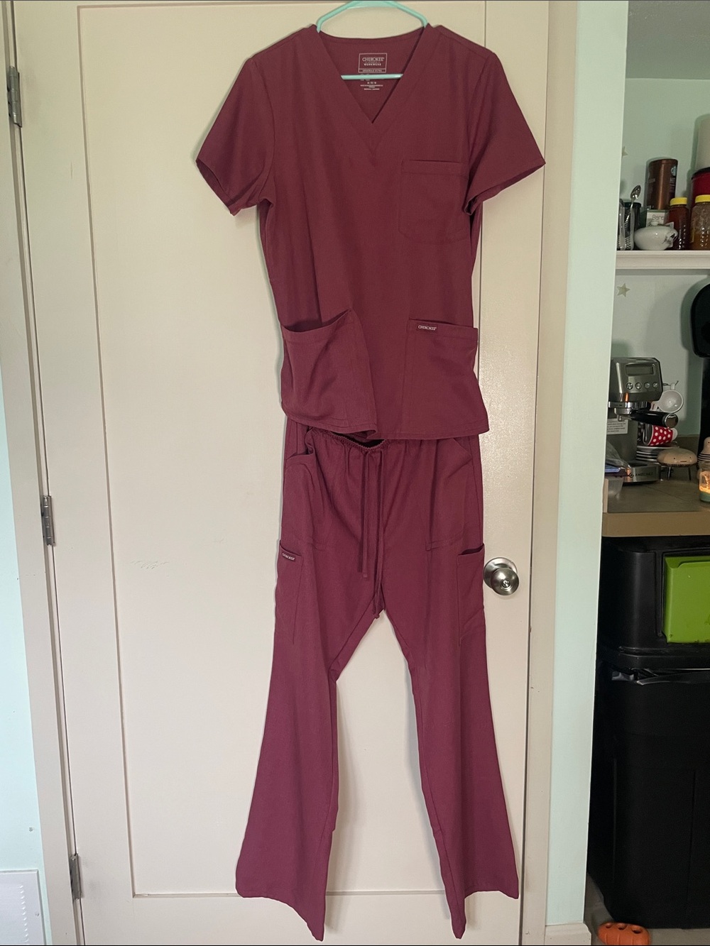 Cherokee Burgundy V-Neck Scrub Top and Drawstring Pants Set